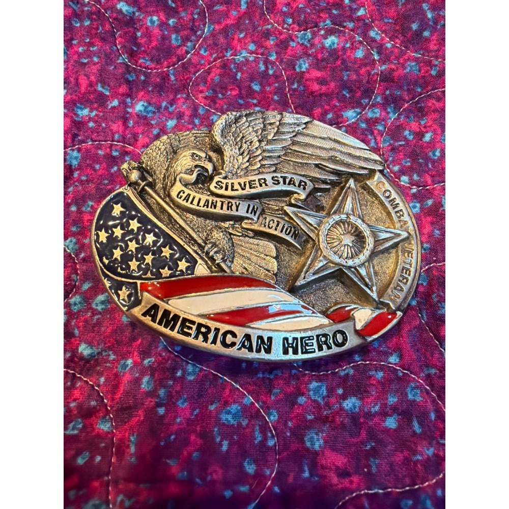 Vintage Silver Star Combat Veteran American Hero Belt Buckle USA Made 4341